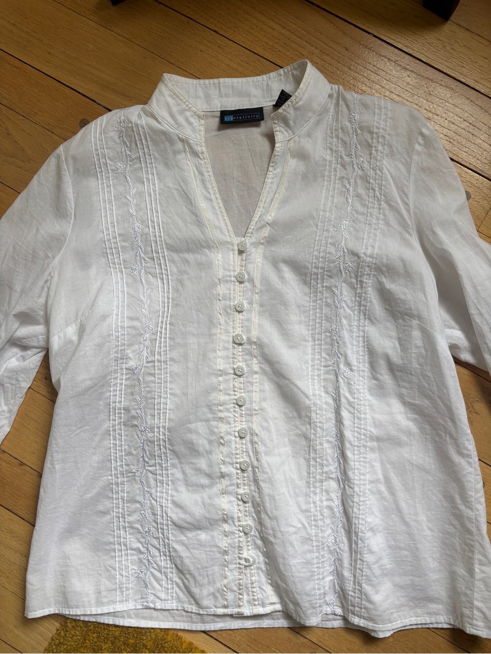 White Embroidered Mandarin-Style Button Shirt